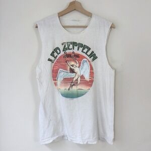 Vintage 80's Led Zeppelin Rock Band Tour 1984 White Cut Sleeves Tee Shirt - M/L